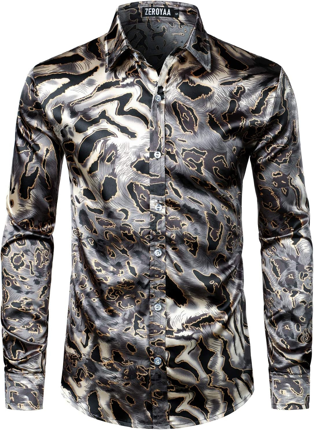 Men'S Hipster Fitted Silk like Satin Dress Shirt Long Sleeve Button down Printed Shirt for Party Prom