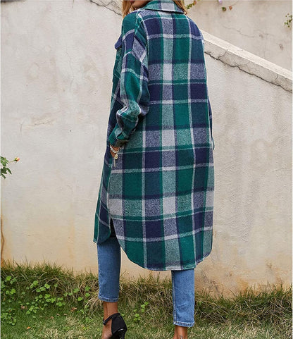 Women'S Casual Wool Blend Long Plaid Shirt Jacket Button down Pocketed Shirt Shacket