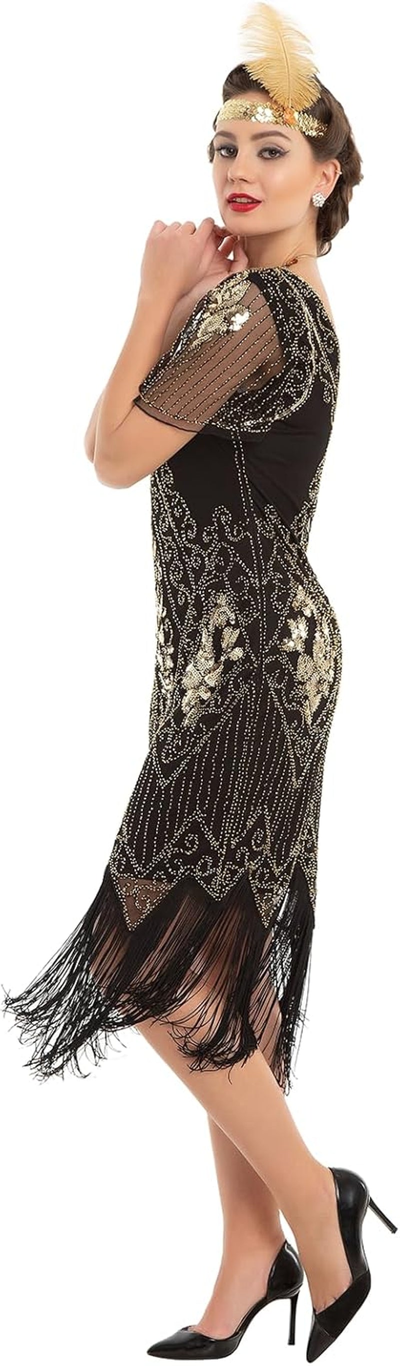 Women'S 1920S Dress Sequin Art Deco Flapper Dress with Sleeve