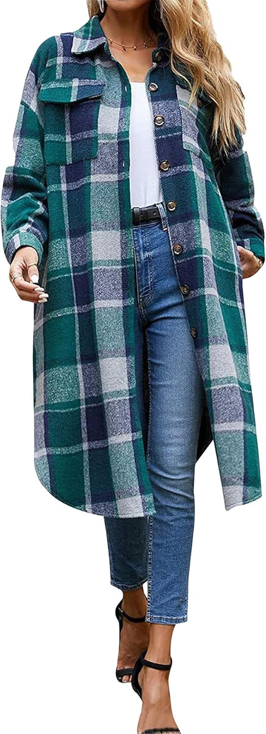 Women'S Casual Wool Blend Long Plaid Shirt Jacket Button down Pocketed Shirt Shacket