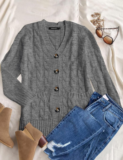 Women'S 2025 Fall Long Sleeve Cable Knit Sweater Open Front Cardigan Button Loose Outerwear