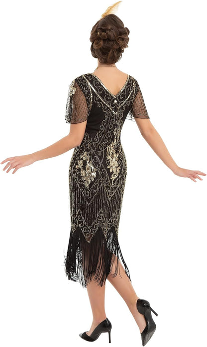 Women'S 1920S Dress Sequin Art Deco Flapper Dress with Sleeve