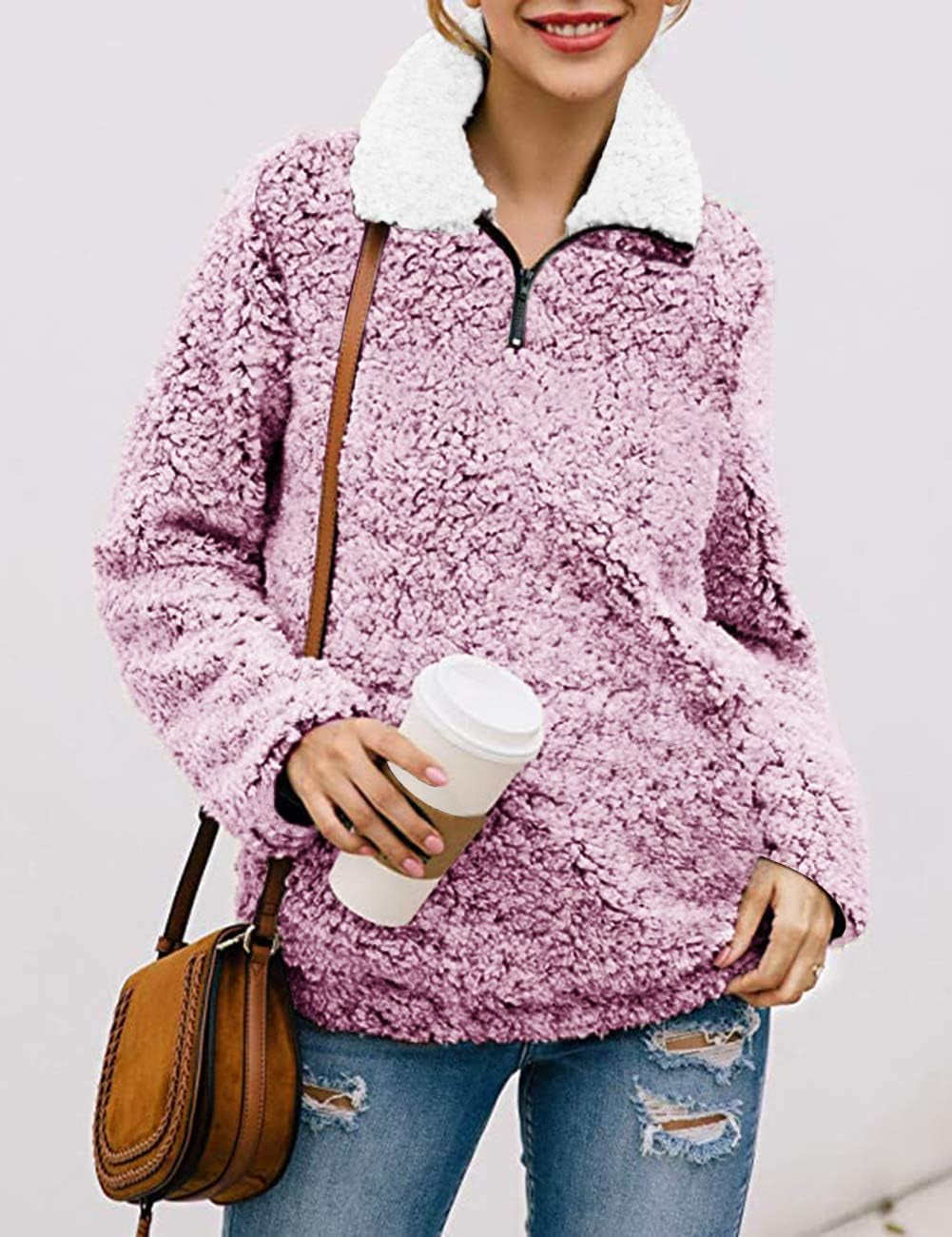 Women'S Long Sleeve 1/4 Zipper Pullover Sherpa Fleece Winter Oversized Outwear Sweatshirt Coat