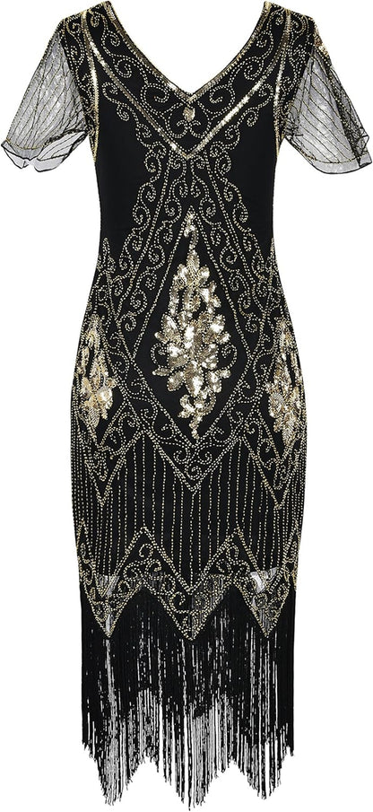 Women'S 1920S Dress Sequin Art Deco Flapper Dress with Sleeve