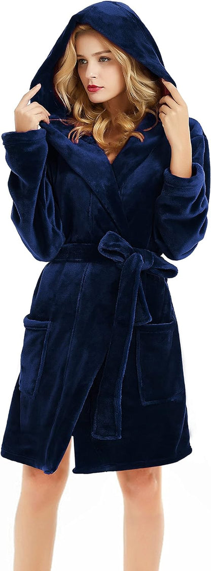 Women Hooded Fleece Robe, Short Plush Robes for Womens with Hood Soft Warm Spa Bathrobe