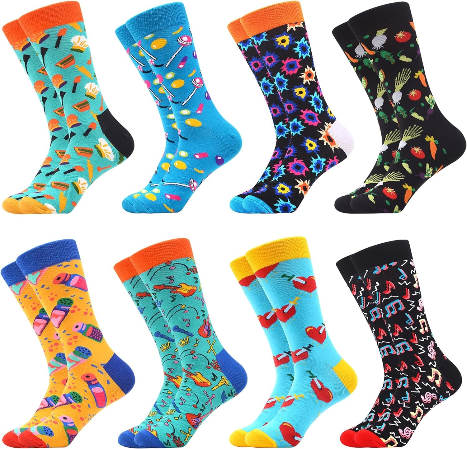 Mens Colorful Bright Dress Funky Novelty Patterned Design Socks 8 Pairs