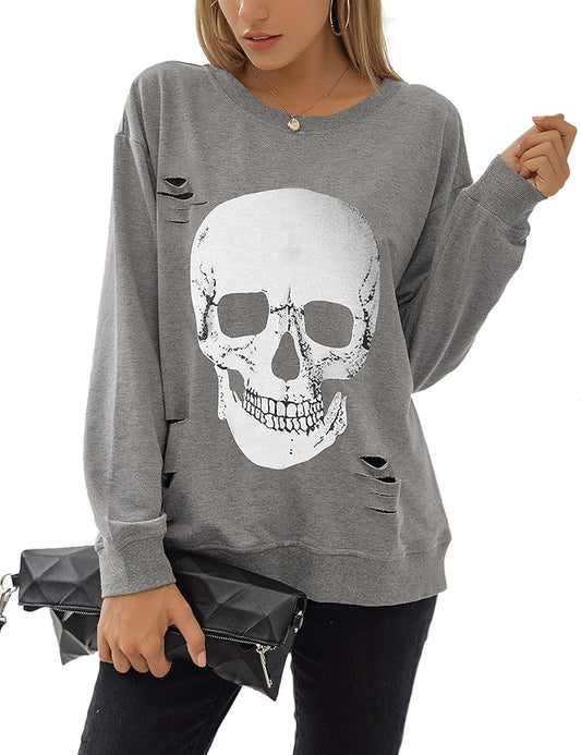 Women'S Halloween Sweatshirts Skull Graphic T Shirts Long Sleeve Pullover Tops Gothic Fall Clothes 2024